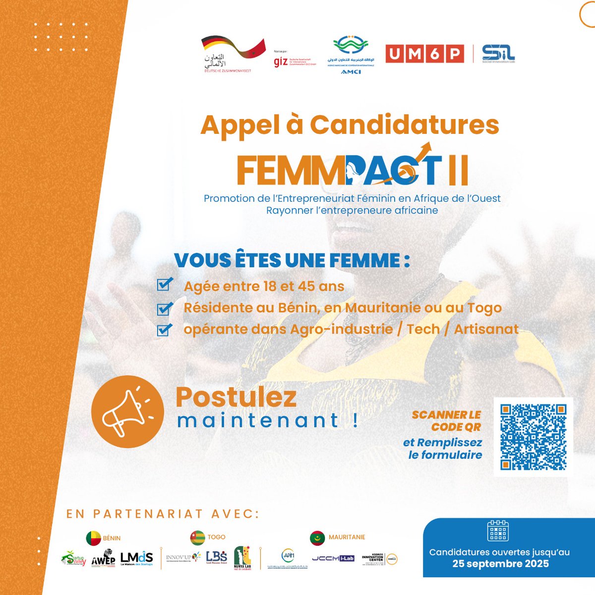 📢Femmes francophones (18-45 ans), avec un projet en agro, tech ou artisanat &amp; dispo oct-déc 2025? 

FEMMPACT2 vous offre un coaching personnalisé &amp; l'opportunité de pitcher au Maroc devant des experts

Ne ratez pas la chance!

⏰Deadline: 25 sept
👉Lien: tinyurl.com/52aamnne