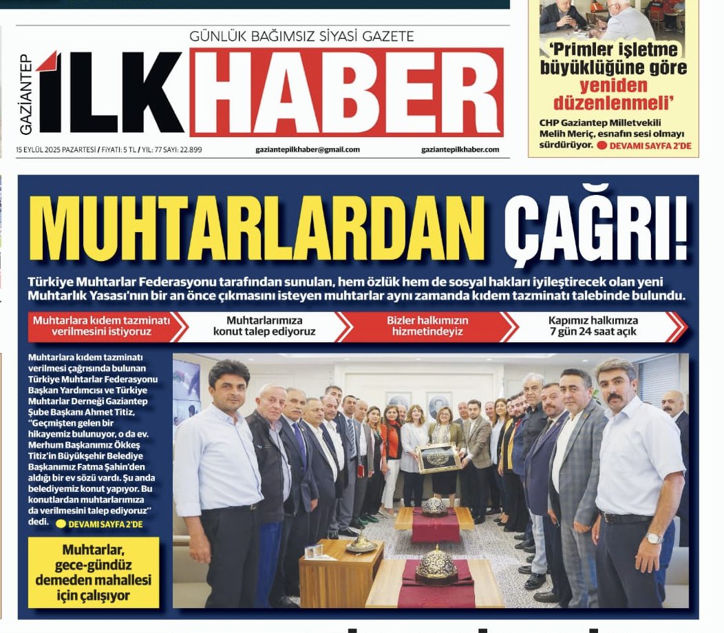 T.M.F tarafından meclise  sunulan, hem özlük hem de sosyal hakları iyileştirecek olan yeni Muhtarlık Yasası’nın bir an önce çıkmasını isteyen muhtarlar aynı zamanda kıdem tazminatı talebinde bulunduk.
<a href="/TBMMGenelKurulu/">TBMM Genel Kurulu</a> 
<a href="/RTErdogan/">Recep Tayyip Erdoğan</a> 
<a href="/AKPartiG_Antep/">AK Parti Gaziantep</a> 
<a href="/Akparti/">AK Parti</a>