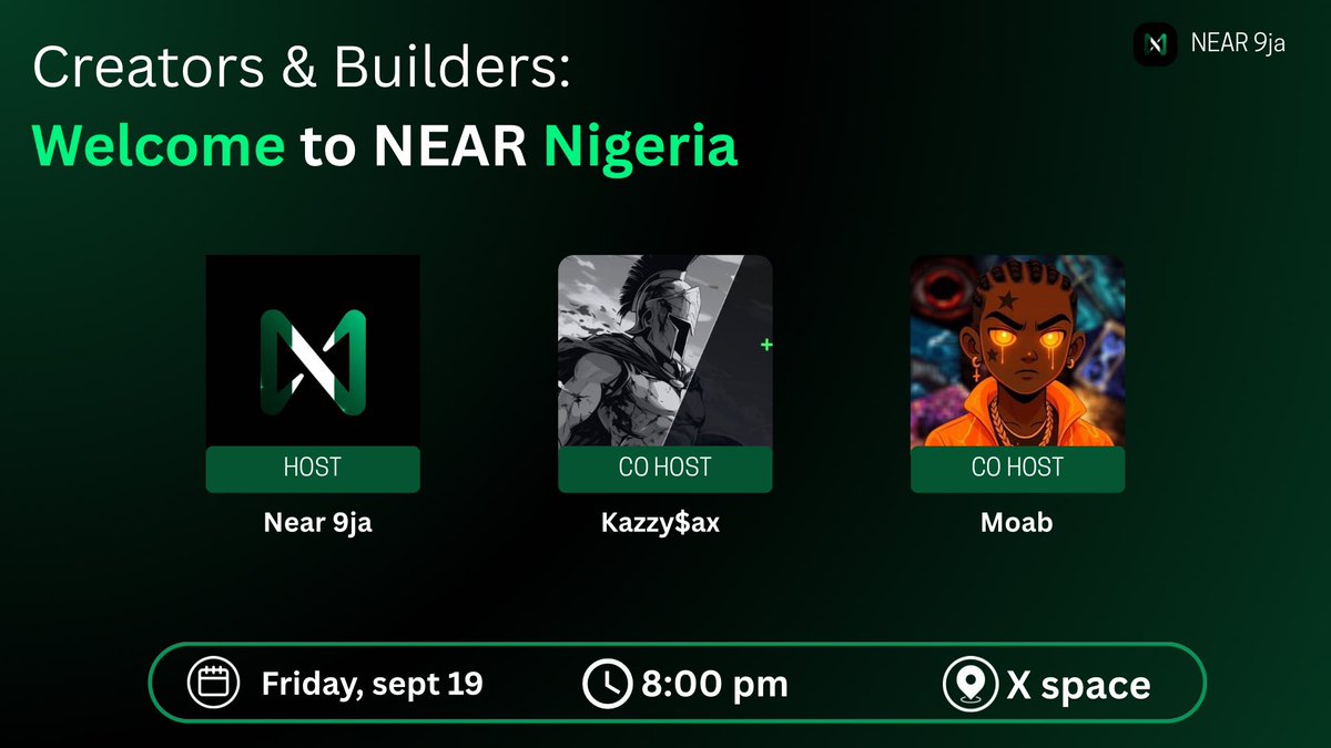 gNEAR

This Friday, we go live with our first ever Space 🎙️🇳🇬

Theme: “Creators &amp; Builders: Welcome to NEAR Nigeria”

Why you should join:

✅Learn what NEAR Nigeria is all about
✅Hear our vision &amp; roadmap
✅Connect with fellow Nigerians in Web3
✅Open mic for your questions

🔽