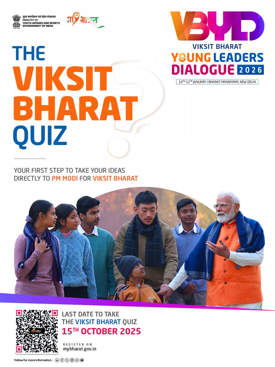 mansukhmandviya's tweet photo. Unique idea in mind?

Take the Viksit Bharat Quiz &amp; share it with PM Modi himself.

#VBYLD2026 https://t.co/f6v4AsuHRq