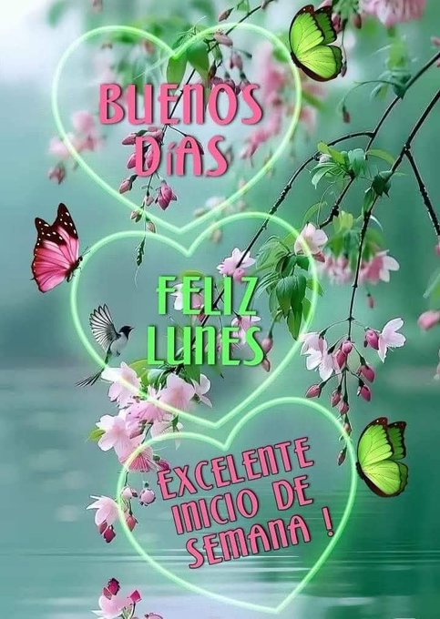 Pink and white flowers on branches with green leaves, butterflies, and birds. Three neon heart-shaped frames with text reading "Buenos Días", "Feliz Lunes", and "Excelente de Medio Semana!" in green and pink.