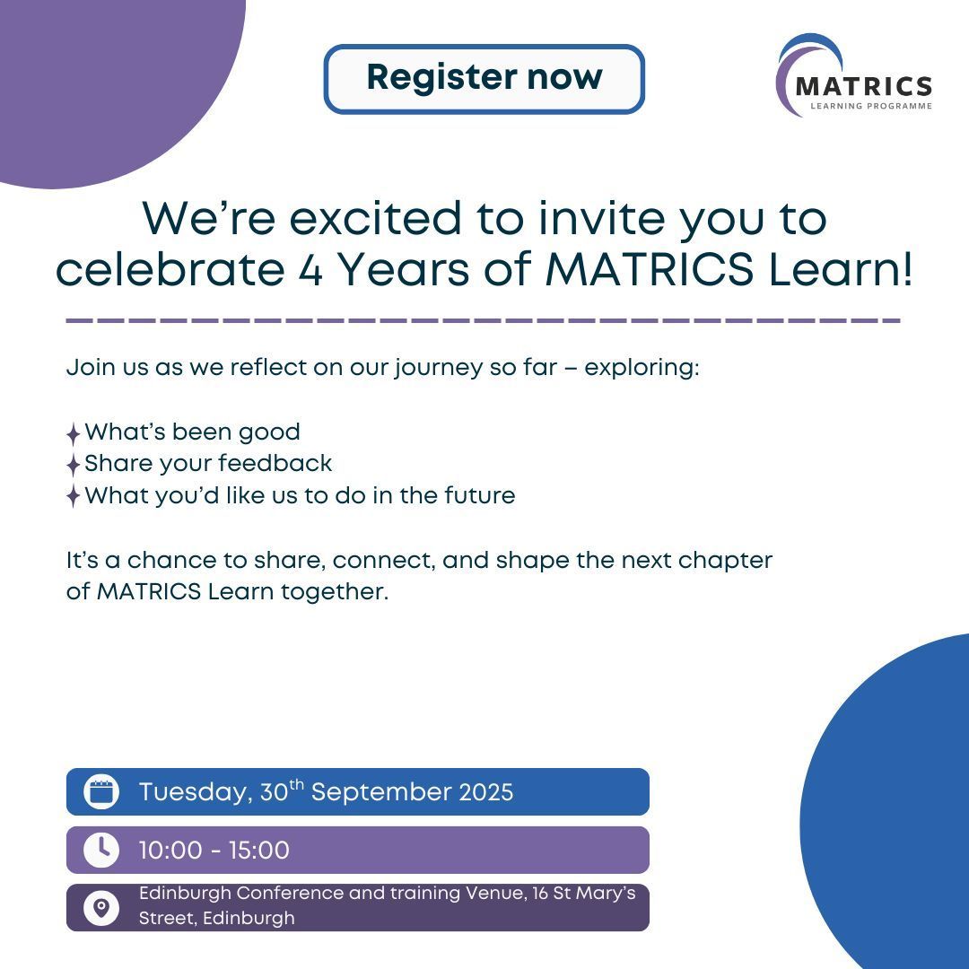 Registration is now open for our in-person event celebrating 4 years of MATRICS Learn. Spaces are limited so register early to secure your spot moneyadvicescotland.org.uk/forms/4-years-…