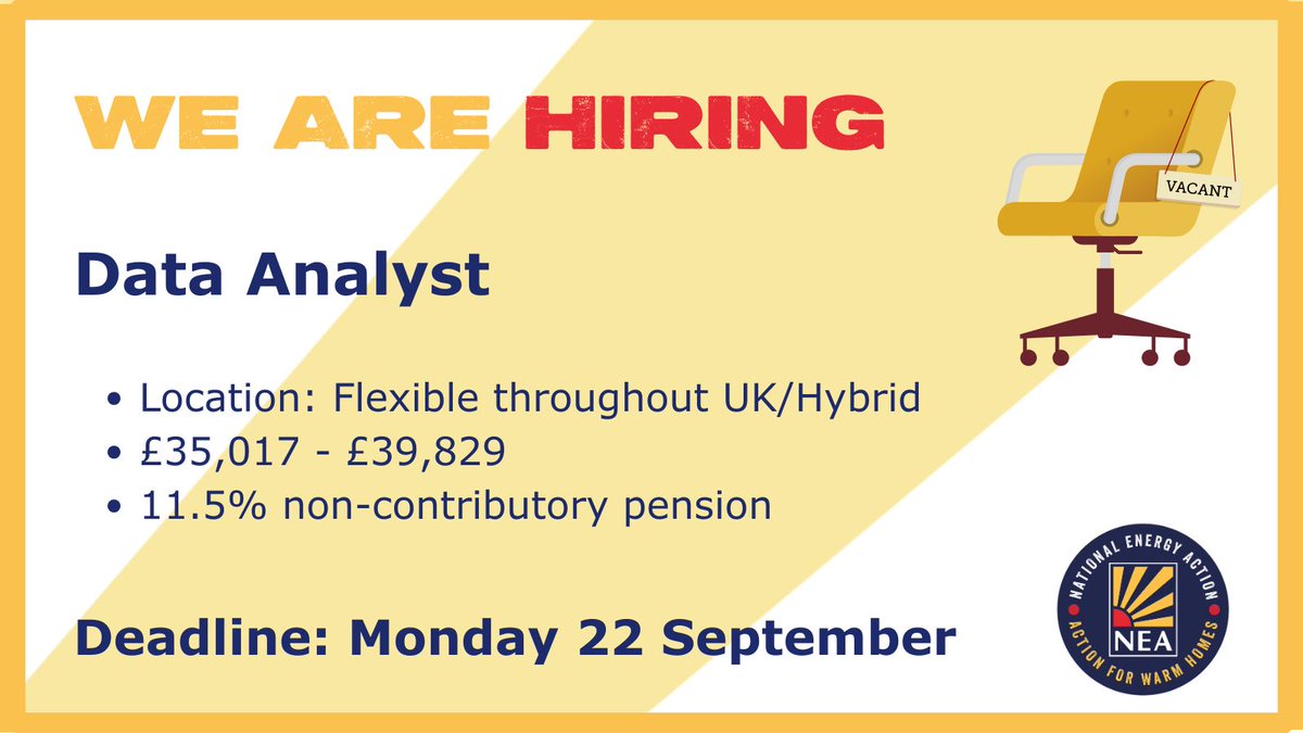 NEA_UKCharity's tweet image. One week left to apply. We&apos;re recruiting a Data Analyst to help bring data insights to life so we can show the experiences of households living in #FuelPoverty in our campaigning. Find out more about the role here: buff.ly/tQfeCwf 

#DataJobs #CharityJobs