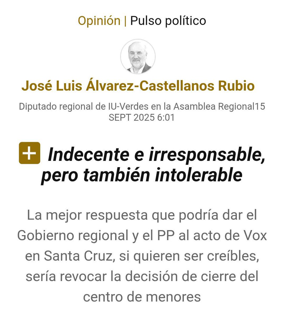 José Luis Álvarez-Castellanos Rubio (@jlalvarezcast) on Twitter photo 🗞️ Hoy publico en el <a href="/diariolaopinion/">La Opinión de Murcia</a>: indecente, irresponsable e intolerable.
No se puede jugar con los derechos de los menores tutelados ni convertirlos en carne de cañón para la demagogia racista de Vox.
El PP debe decidir: o se está con los derechos humanos o se está con 🗞️ Hoy publico en el <a href="/diariolaopinion/">La Opinión de Murcia</a>: indecente, irresponsable e intolerable.
No se puede jugar con los derechos de los menores tutelados ni convertirlos en carne de cañón para la demagogia racista de Vox.
El PP debe decidir: o se está con los derechos humanos o se está con