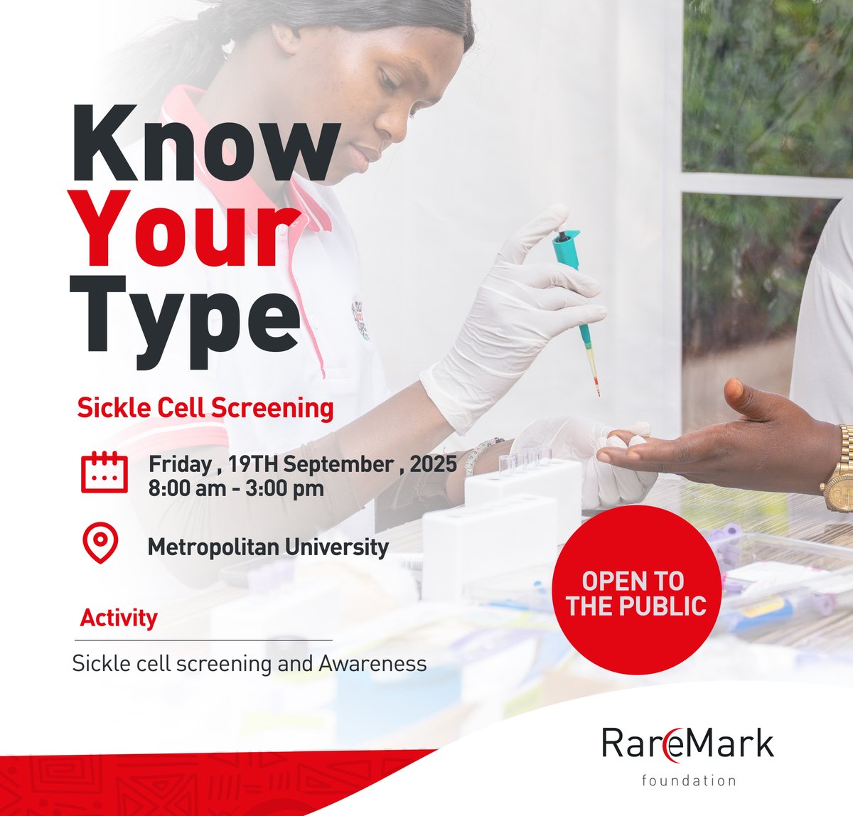 RaremarkFdn's tweet photo. #ComingUp: We’ll be having a #KnowYourType outreach happening this Friday, 19th September.

Bring a friend, partner, and family to get screened for SCD, learn more about this condition and join us in raising further awareness. https://t.co/aQy5qyoyYO