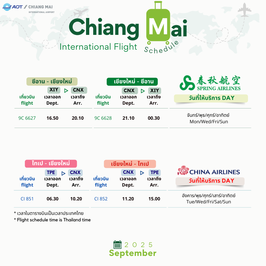 CNX_Airport's tweet image. ตารางบินระหว่างประเทศ|International Flight Schedule (8)
#Springairlines #ChinaAirlines #ChengduAirlines #RuiliAirlines#MyanmarNationalAirlines 
⛩️ซีอาน|XIY
🎇ไทเป|TPE
⛩️เฉิงตู|TFU
⛩️คุนหมิง|KMG
🛕มัณฑะเลย์|MDL
🛕ย่างกุ้ง|RGN
#flyCNX #CNXairport
