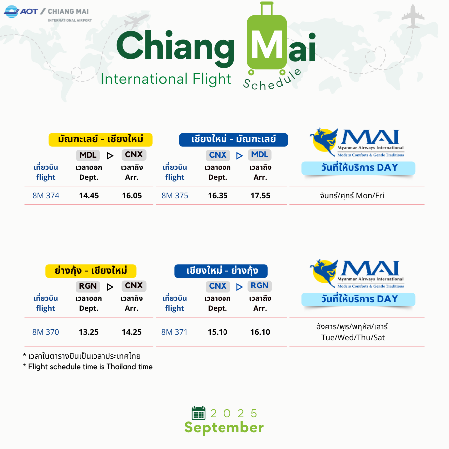 CNX_Airport's tweet image. ตารางบินระหว่างประเทศ|International Flight Schedule (8)
#Springairlines #ChinaAirlines #ChengduAirlines #RuiliAirlines#MyanmarNationalAirlines 
⛩️ซีอาน|XIY
🎇ไทเป|TPE
⛩️เฉิงตู|TFU
⛩️คุนหมิง|KMG
🛕มัณฑะเลย์|MDL
🛕ย่างกุ้ง|RGN
#flyCNX #CNXairport