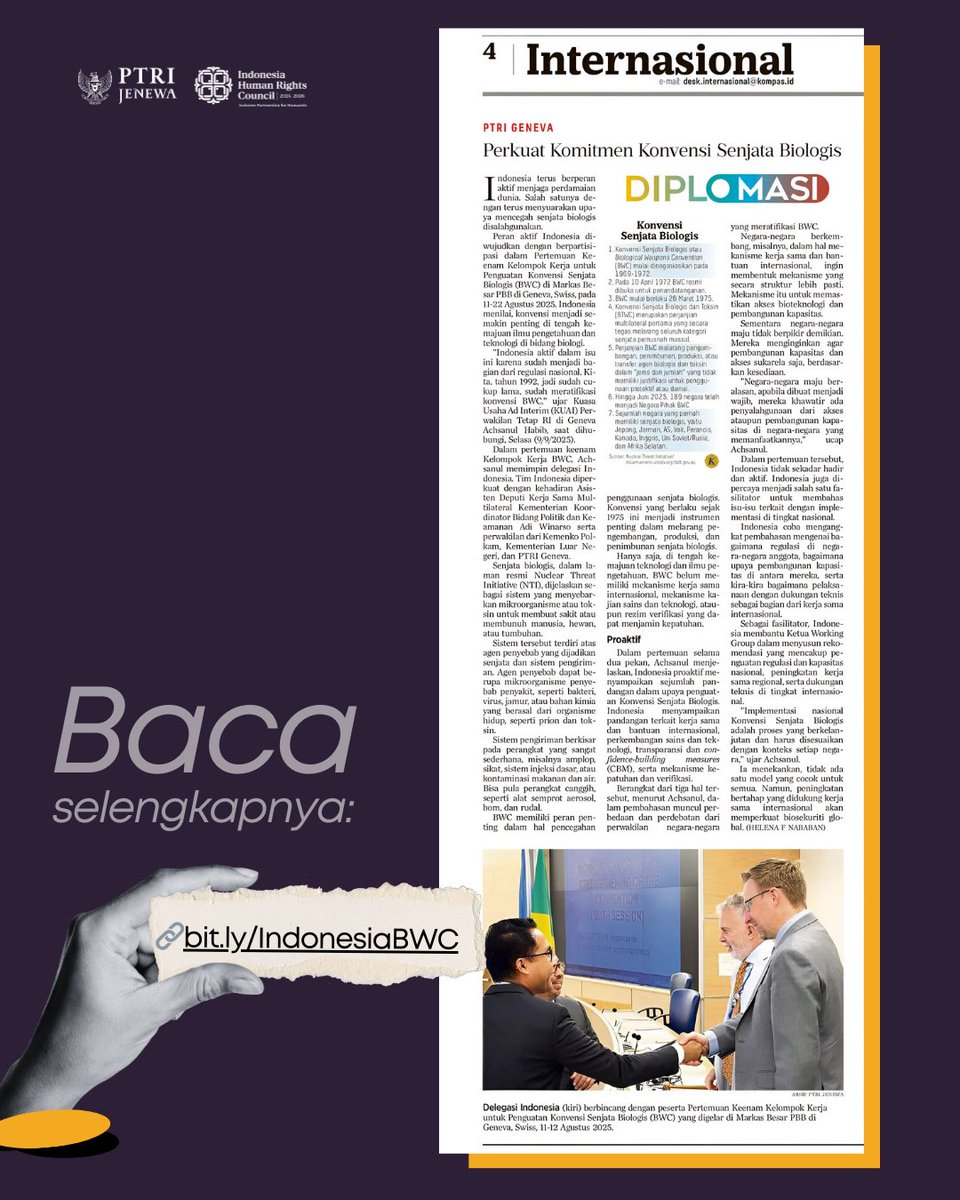 🌍✨ Indonesia promotes Biological Weapons Convention (BWC) strengthening in Geneva 🏛️

🇮🇩 Pushes 3 pillars:
1️⃣ ICA 2️⃣ S&amp;T 3️⃣ C&amp;V
Also advancing national rules, capacity-building &amp; cooperation.

Aligned with Asta Cita: resilience, peace diplomacy, innovation &amp; global role 🌱✨