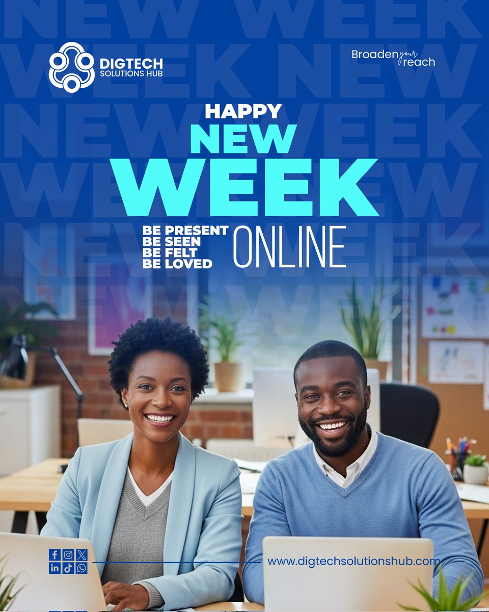 Digtech1's tweet image. It&apos;s a new week, your time to be seen, shine, loved, and chosen online. Create your brand&apos;s online presence this week.

#DigtechSolutionsHub
#BusinessBranding
#DigitalMarketing
#MondayMotivation
#NewWeek