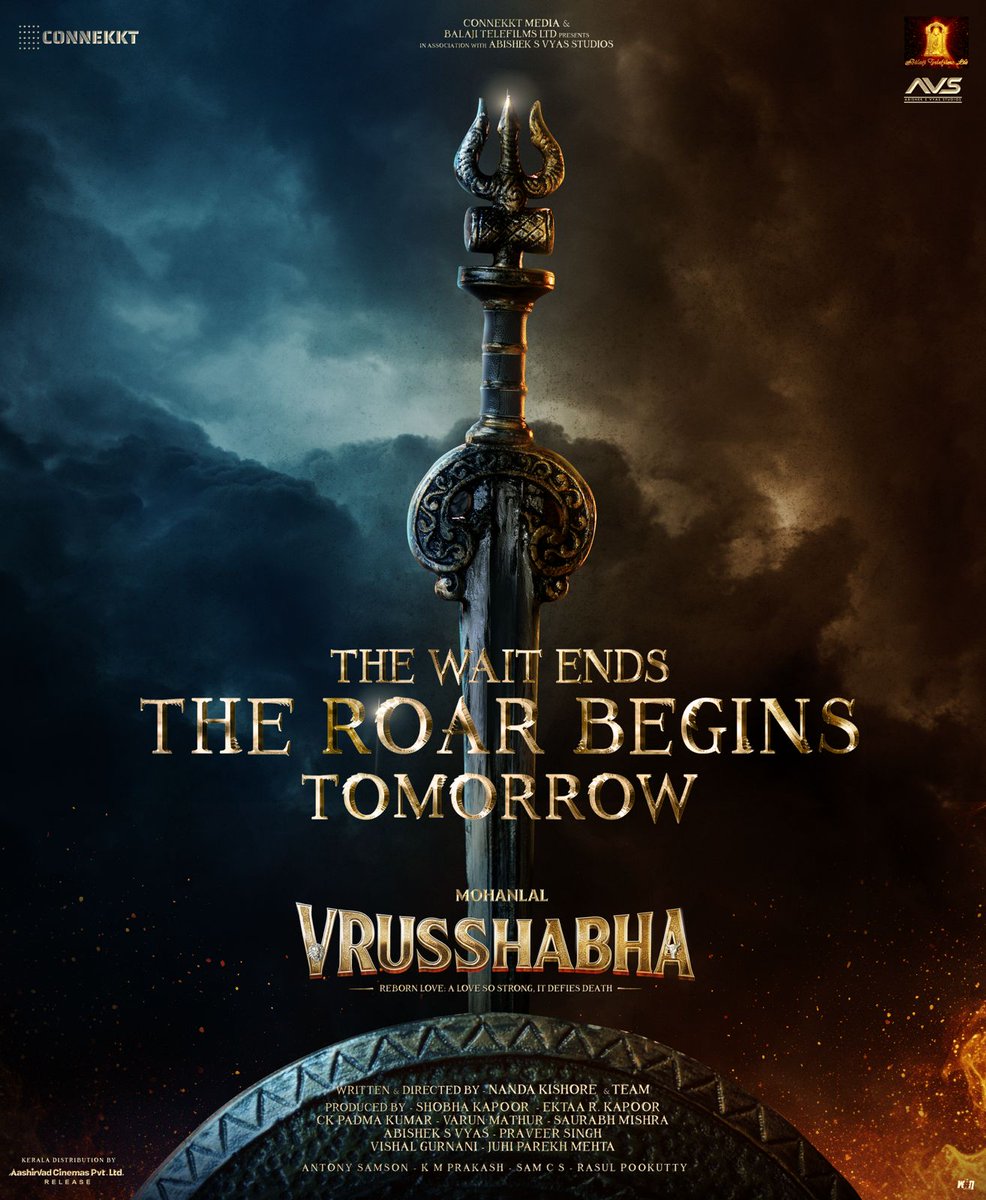123telugu's tweet photo. The Roar Begins Tomorrow!

#RoarOfVrusshabha #Vrusshabha #TheWorldofVrusshabha

@Mohanlal @Connekktmedia @balajimotionpic @FilmDirector_NK #ShobhaKapoor @EktaaRKapoor #CKPadmaKumar #VarunMathur @imsaurabhmishra #AbhishekVyas #AVSStudios #PraveerSingh #AashirvadCinemas https://t.co/lT6I7vl6xN