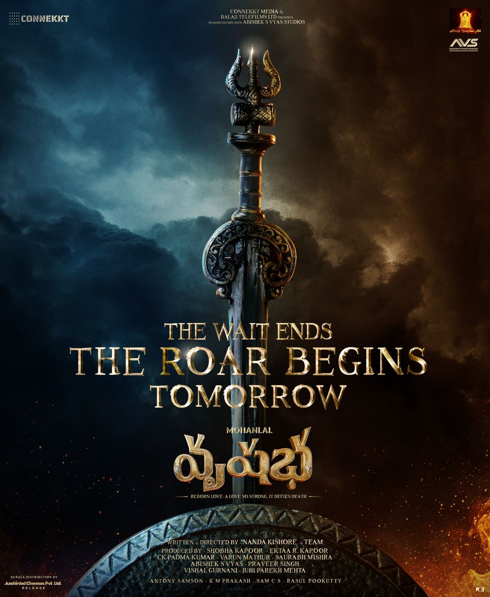 123telugu's tweet photo. The Roar Begins Tomorrow!

#RoarOfVrusshabha #Vrusshabha #TheWorldofVrusshabha

@Mohanlal @Connekktmedia @balajimotionpic @FilmDirector_NK #ShobhaKapoor @EktaaRKapoor #CKPadmaKumar #VarunMathur @imsaurabhmishra #AbhishekVyas #AVSStudios #PraveerSingh #AashirvadCinemas https://t.co/lT6I7vl6xN