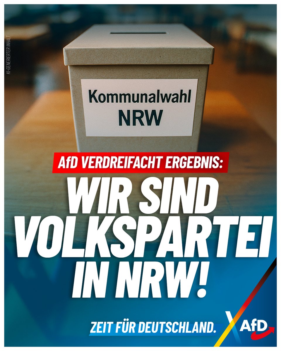 AfD's tweet image. +++ AfD verdreifacht Ergebnis: Wir sind Volkspartei in NRW! +++

Was für ein historischer Abend in Nordrhein-Westfalen! Die AfD hat bei den Kommunalwahlen ihr Ergebnis von 5,1 auf 14,5 Prozent nahezu verdreifacht und sich damit vor die Grünen auf Platz drei geschoben. In…