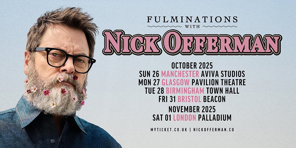 Nick_Offerman's tweet image. Hello to the United Kingdom! I aim to tickle you severally this late October with a 5-city tour, called FULMINATIONS with Nick Offerman. The evening will feature songs, mirth, lessons in comportment, Cumberland sausage-talk and other euphemisms. We will also be featuring my new…