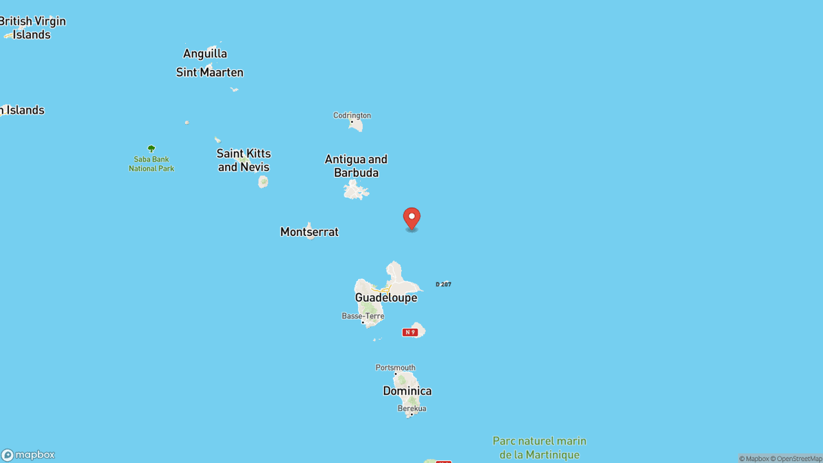 QuakeAlerts's tweet image. A magnitude 5.3 earthquake took place 37km NNW of Anse-Bertrand, Guadeloupe at 09:16 UTC (4 minutes ago). The depth was 48km and was reported by CSLC. #earthquake #earthquakes #Anse-Bertrand #Guadeloupe