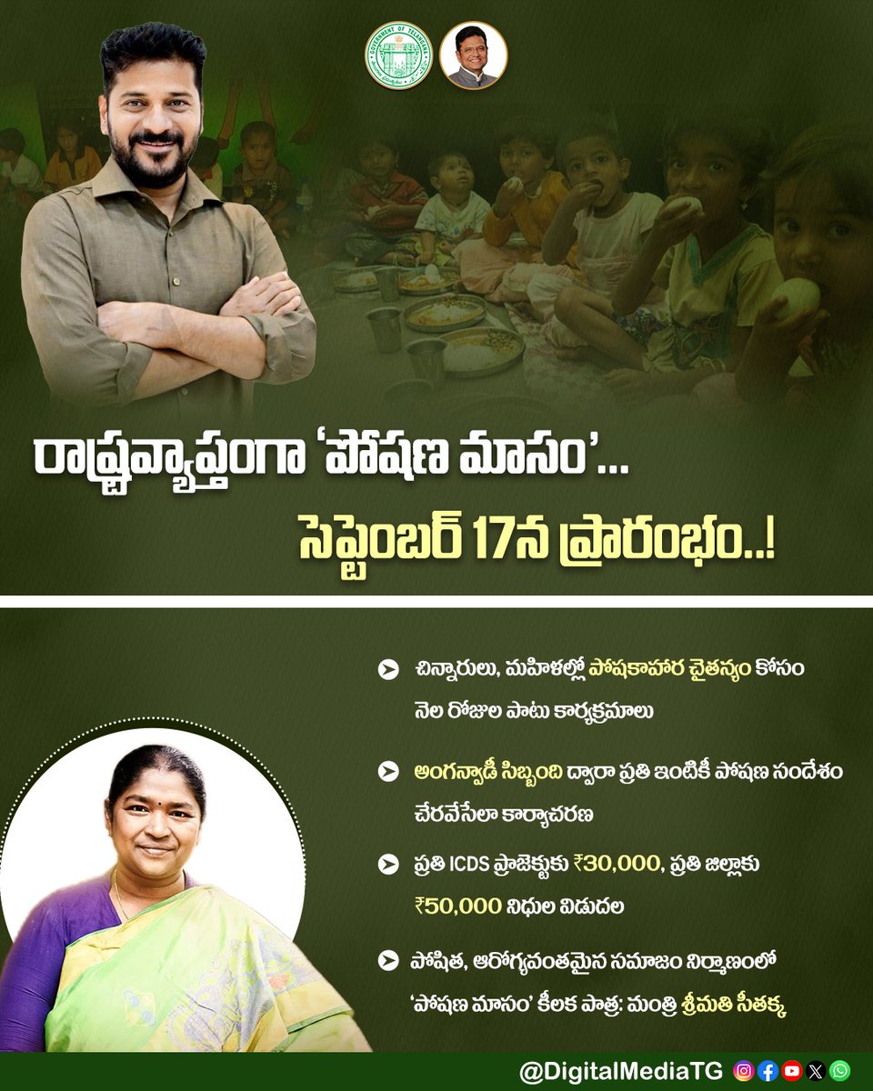 DigitalMediaTG's tweet image. ✨ రాష్ట్రవ్యాప్తంగా &apos;పోషణ మాసం&apos;... 
సెప్టెంబర్ 17న ప్రారంభం..! 

#TelanganaAnganwadi #TelanganaNutritionMonth #ChildProtection

@TelanganaCMO @revanth_anumula @seethakkaMLA  @Min_SridharBabu @OffDSB