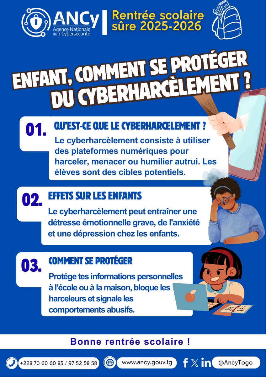 🎒💻 #RentréeScolaireSûre 2025-2026

Les #élèves grandissent dans un monde connecté 🌐. Leurs cours, leurs amis, leurs loisirs… tout passe de plus en plus par le numérique. Mais #Internet n’est pas toujours un terrain de jeu sans danger.

⚡️ Voici des #réflexes pour vous élèves,