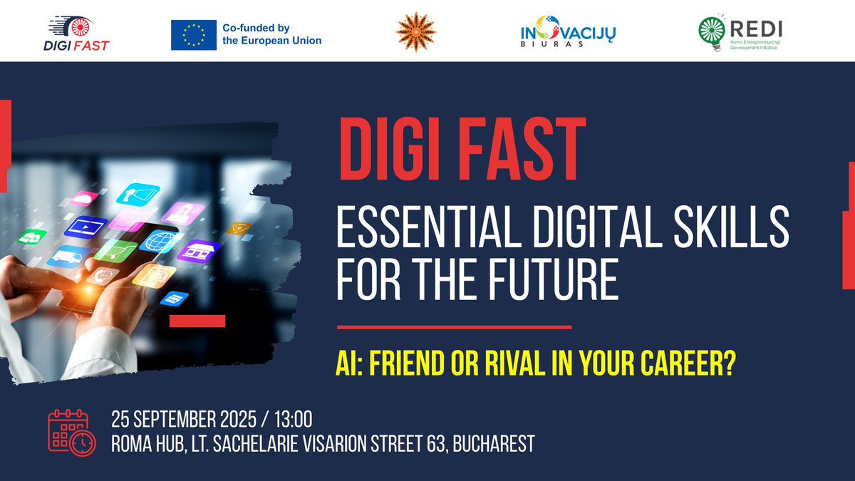 📅 Sept 25 | Bucharest

Join the DIGIFAST – Final Conference 
Explore how digital skills &amp; AI open new career paths. Panels, live demos (ChatGPT, Canva AI, MidJourney), mentorship &amp; networking await!

🔗 Register here: shorturl.at/GnAtI

#DigiFast #Digitalization #AI
