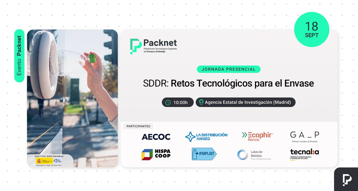 Packnet_'s tweet image. ¿Conoces los retos tecnológicos que plantea el Sistema de depósito, devolución y retorno (SDDR) para el Envase?

👉 No te pierdas nuestra próxima jornada presencial:
📆 18 de septiembre
🕐 10:00h
📍AEI, Madrid

_
#EventoPacknet #SDDR