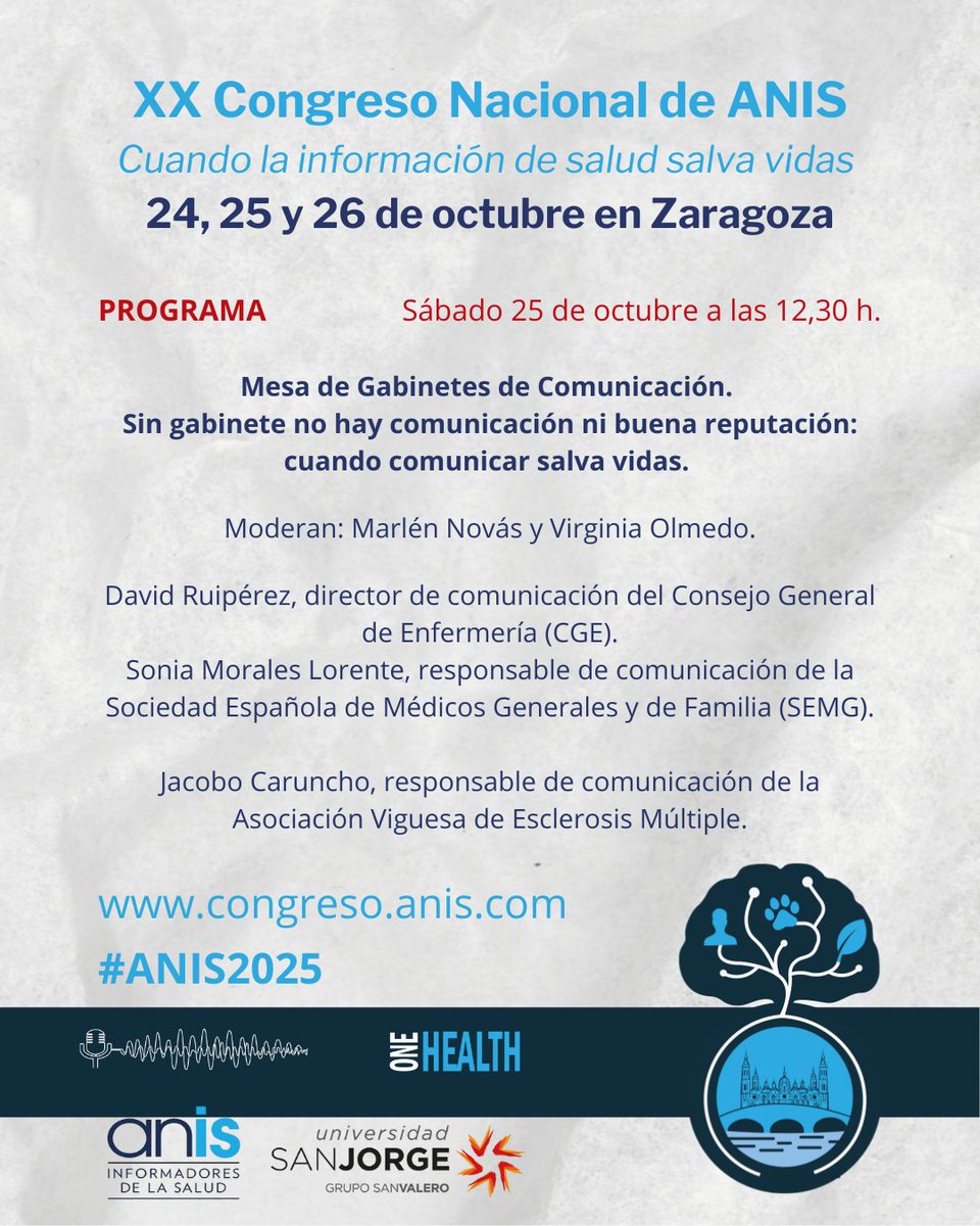 #ANIS2025 | Programa sábado 25 de octubre a las 12,30 h
Mesa: Sin gabinete no hay comunicación ni reputación, cuando comunicar salva vidas

<a href="/DavidRuiperez/">David Ruipérez</a> #DIRCOM del <a href="/CGEnfermeria/">Consejo General de Enfermería</a> 
<a href="/SoniaMorales80/">Sonia Morales</a> #DIRCOM del <a href="/SEMG_ES/">SEMG 🩺 #OrgullososDeEstarALaCabecera👩‍⚕️👨‍⚕️</a> 
<a href="/jacobocp/">Jacobo Caruncho 🧠🏳️‍🌈</a> #DIRCOM de <a href="/Avempo/">AVEMPO</a> 

🌐congreso.anisalud.com