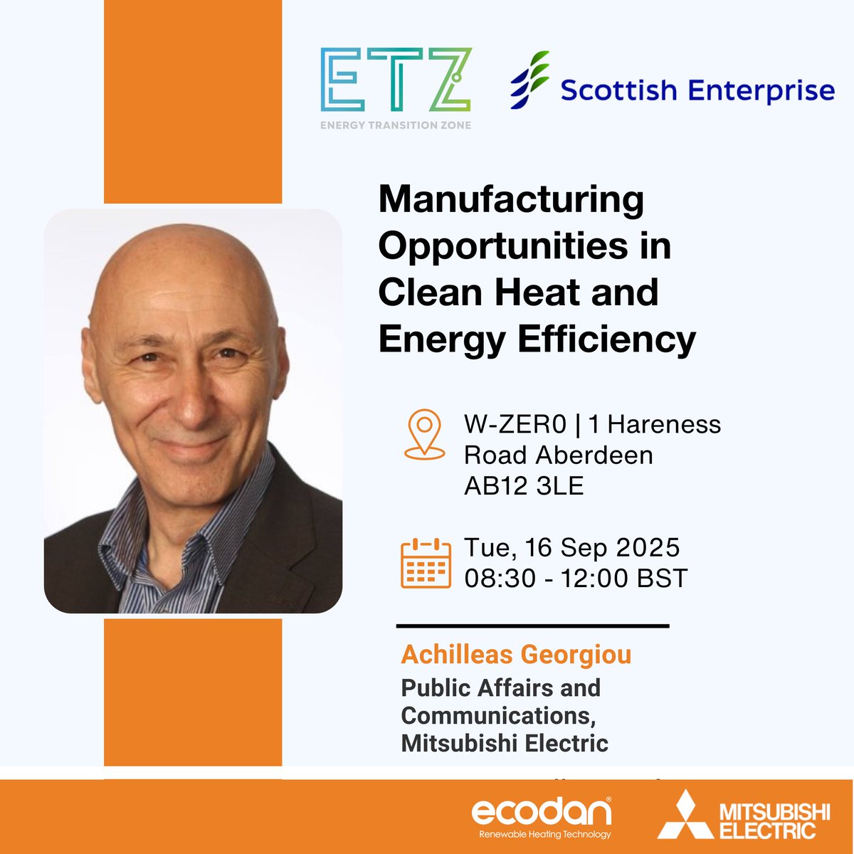 Ecodanheating's tweet image. Mitsubishi Electric's Achilleas Georgiou will be taking part in @ETZLTD1's "Manufacturing Opportunities in Clean Heat and Energy Efficiency" mini masterclass in partnership with Scottish Enterprise.

Register to attend via this link: ow.ly/YUwC50WWBzR

#MitsubishiElectric