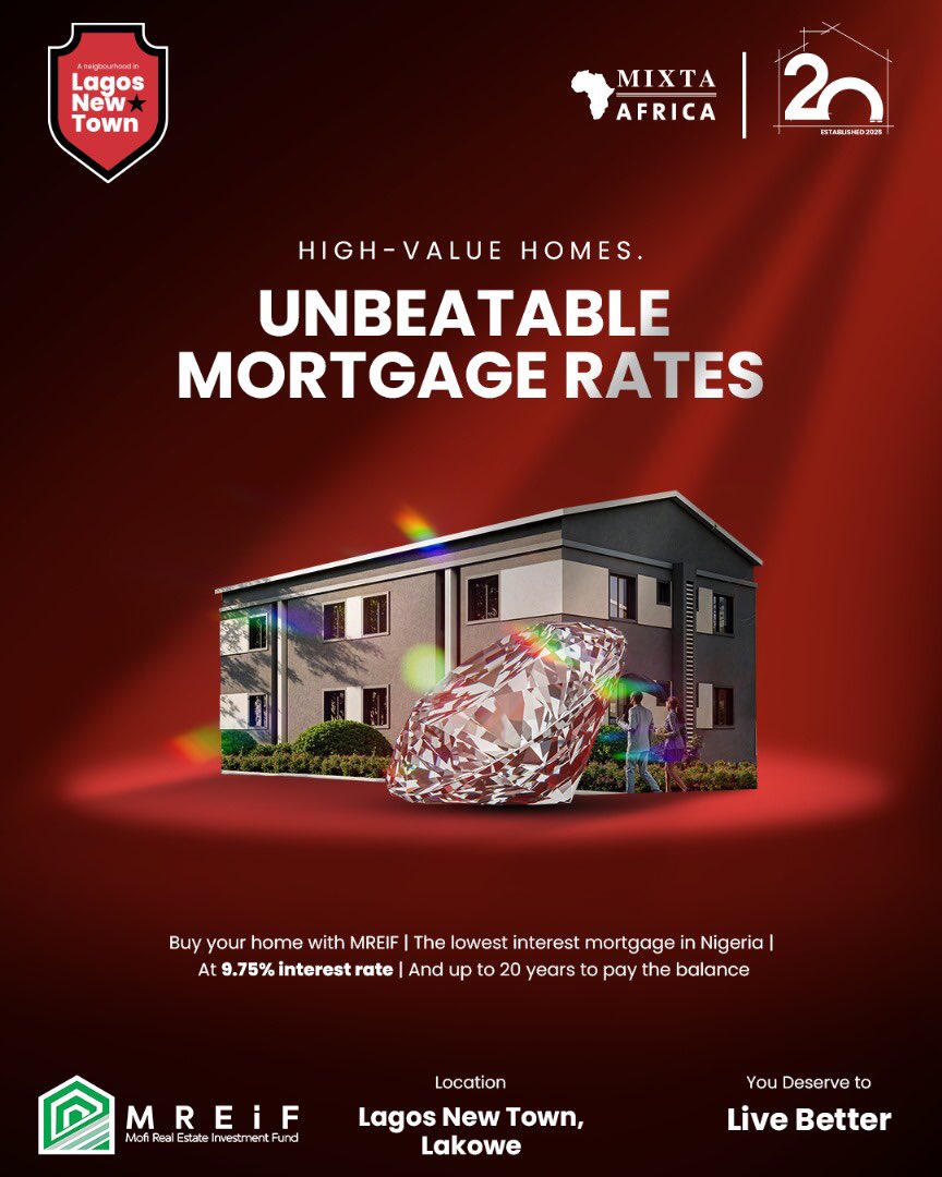 MixtaAfrica_NG's tweet photo. Why wait to own your dream home? 🏡 
With THIS mortgage rate, your next property is closer than you think. 

At just 10% equity/down payment MREIF makes homeownership affordable, flexible, and tailored for you. 

Start your journey to ownership today by sending us a dm! https://t.co/2Me5vdvBhN