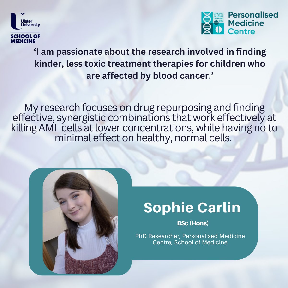 Introducing PhD Researcher <a href="/sophiecarlin/">sophie carlin</a> who works in the field of #ChildhoodLeukaemia, #BloodCancer and #drugrepurposing 💊

You can keep up to date with Sophie’s research here:
📢 pure.ulster.ac.uk/en/persons/sop…