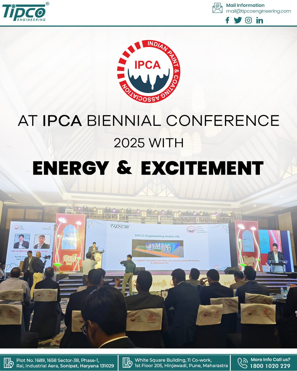 tipcoengineer's tweet image. We are at the IPCA Biennial #Conference 2025!⚡
Team Tipco Engineering #India is proud to be part of this prestigious event, sharing our turnkey solutions for the Paint, Ink, Construction Chemicals & Adhesives #industry, and connecting with leaders who are shaping the #Future.