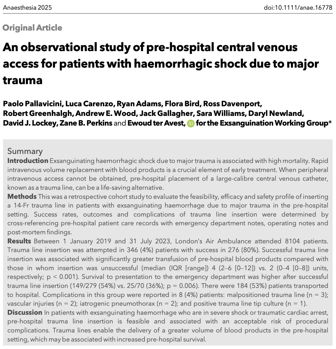 Paolo Pallavicini (@ppallavicini) on Twitter photo 1/ 🚑 Excited to share our latest publication in <a href="/Anaes_Journal/">𝘈𝘯𝘢𝘦𝘴𝘵𝘩𝘦𝘴𝘪𝘢</a>!
In prehospital major trauma patients with severe haemorrhagic shock, when peripheral IV access fails, a large-bore trauma line can be life-saving. 🚁 1/ 🚑 Excited to share our latest publication in <a href="/Anaes_Journal/">𝘈𝘯𝘢𝘦𝘴𝘵𝘩𝘦𝘴𝘪𝘢</a>!
In prehospital major trauma patients with severe haemorrhagic shock, when peripheral IV access fails, a large-bore trauma line can be life-saving. 🚁