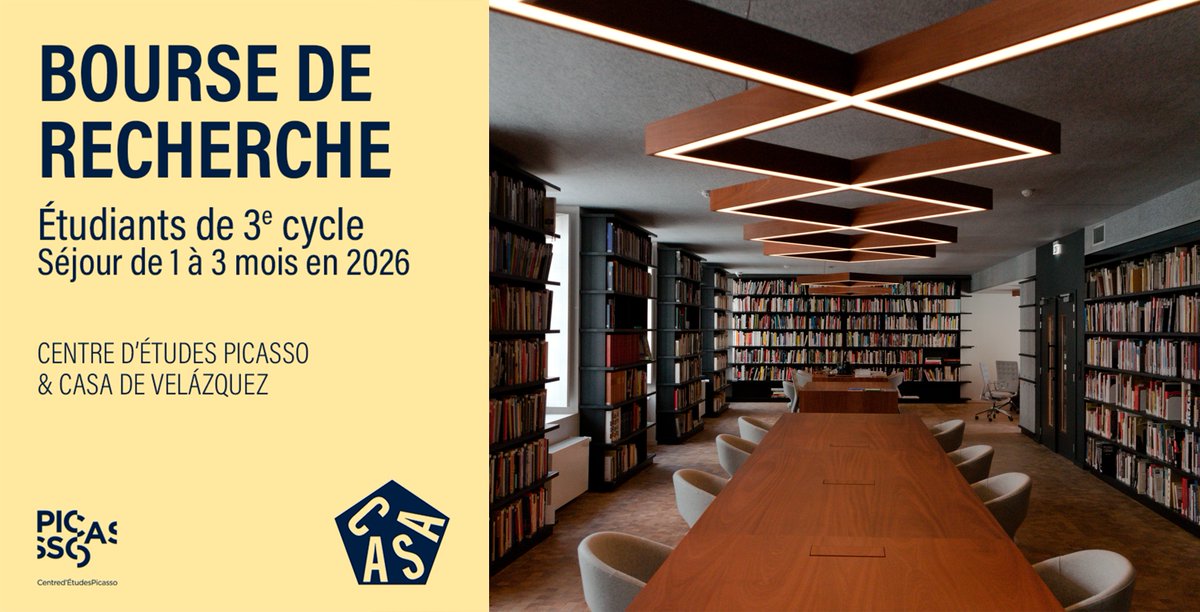 🆙#DernièreSemaine 📣 La Casa de Velázquez et le Centre d’études Picasso (<a href="/MuseePicasso/">Musée Picasso Paris</a>) lancent leur 1er appel à candidatures pour soutenir la recherche doctorale autour de Pablo Picasso.

🗓️Candidatures jusqu’au lundi 15 novembre 2025
casadevelazquez.org/news/bourse-de…