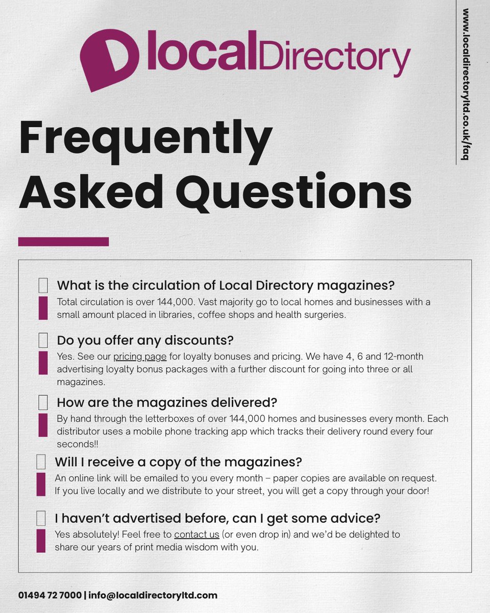 localdirectory2's tweet image. Got questions about advertising with Local Directory? 📖✨

From circulation to delivery, discounts, and advice – we’ve got you covered!

Visit localdirectoryltd.co.uk/faq or call 01494 72 7000 to learn more

#LocalDirectory #LocalAdvertising