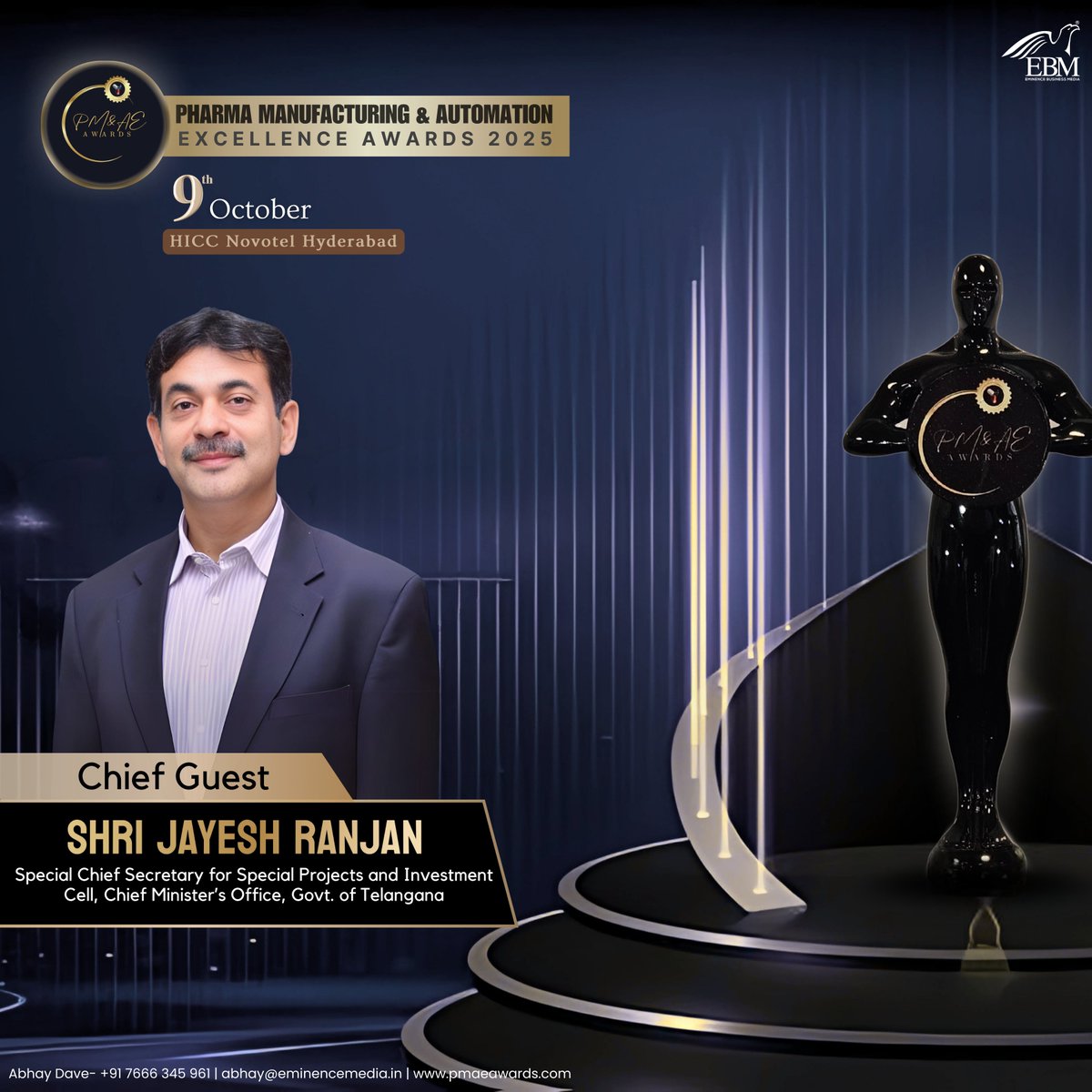 pharmabiznews's tweet photo. We are privileged to welcome Shri Jayesh Ranjan, Special Chief Secretary for Special Projects, Investment Cell, Chief Minister’s Office, Govt. of Telangana, as the Chief Guest at the PM&amp;AE Awards 2025.
Nominate Now: https://t.co/uN3UALqfc6 https://t.co/brPVV8pBgk