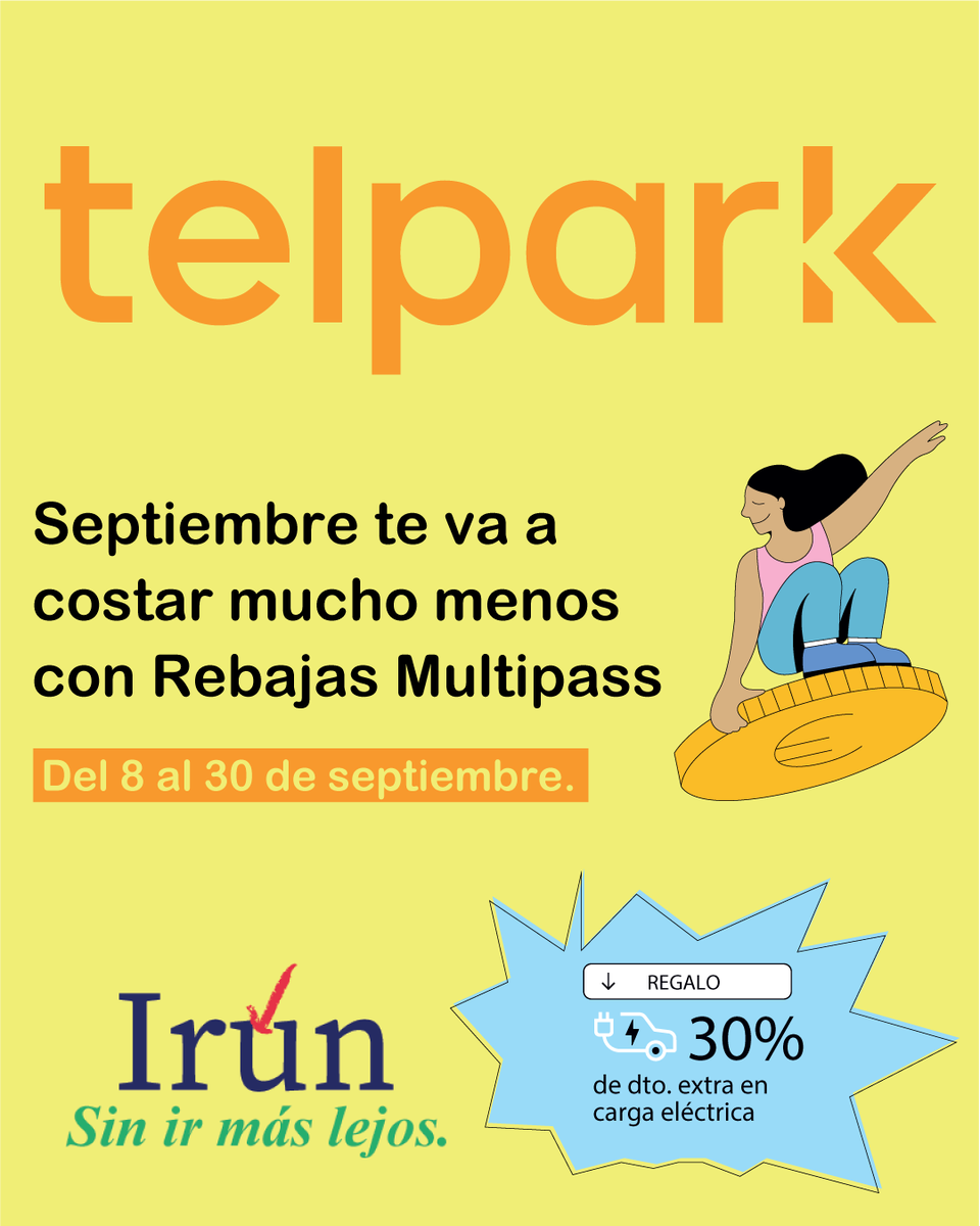 ¡Haz tus compras en el centro de Irún de manera fácil y económica! 🚗🛍️ 

Durante todo septiembre, Telpark activa la promoción de Multipass: pases de 12 horas por solo 1,99€. Este apoyo especial ayuda a fomentar el comercio local, facilitando que puedas aparcar cómodamente 👩‍💼👨‍💼