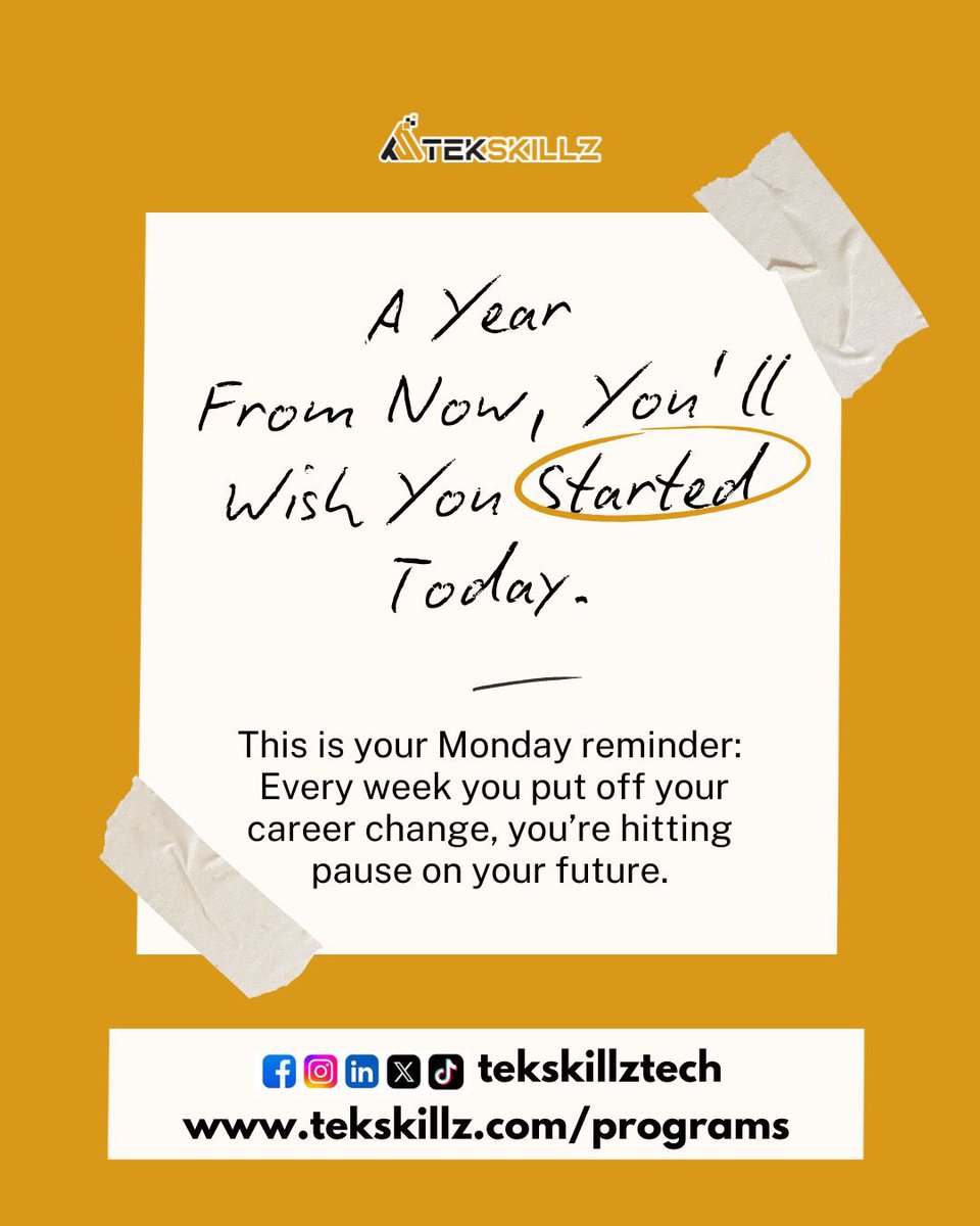 TekskillzTech's tweet image. This is your Monday reminder: ✨

Every week you put off your career change, you’re hitting pause on your future.

🌍 Ready to pivot? DM us or visit tekskillz.com/programs to start today.

#CareerPivot #tekskillztech #tekskillz #MondayMotivation #TechCareers #hilda