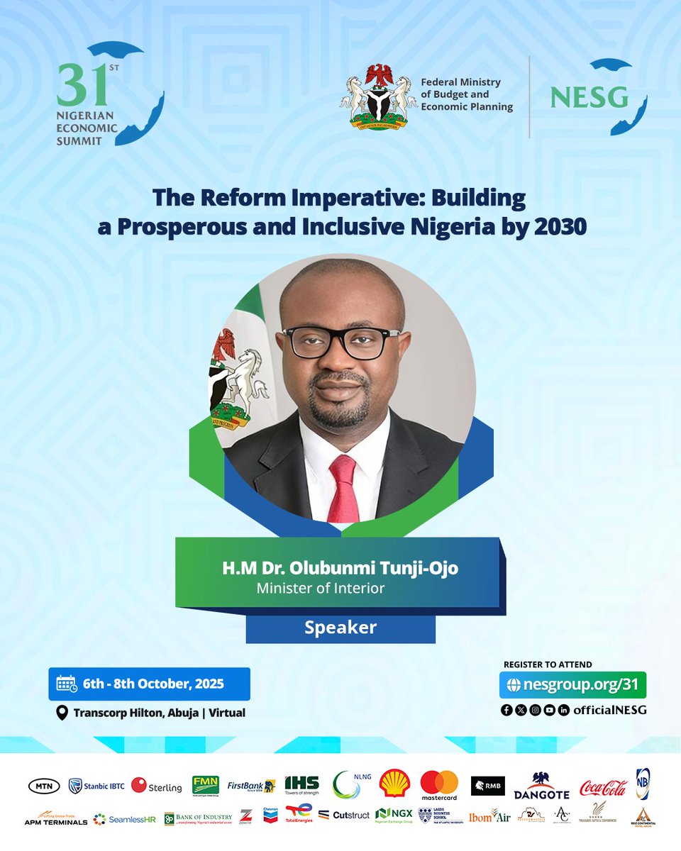 Nigerian Economic Summit Group (NESG) (@officialnesg) on Twitter photo Reforms must guarantee security and stability — the foundation upon which prosperity can thrive. But how do we ensure reforms in governance and security truly protect and empower citizens?
At #NES31, Dr. Olubunmi Tunji Ojo (<a href="/BTOofficial/">Olubunmi Tunji-Ojo</a>), Minister of Interior, will highlight how Reforms must guarantee security and stability — the foundation upon which prosperity can thrive. But how do we ensure reforms in governance and security truly protect and empower citizens?
At #NES31, Dr. Olubunmi Tunji Ojo (<a href="/BTOofficial/">Olubunmi Tunji-Ojo</a>), Minister of Interior, will highlight how
