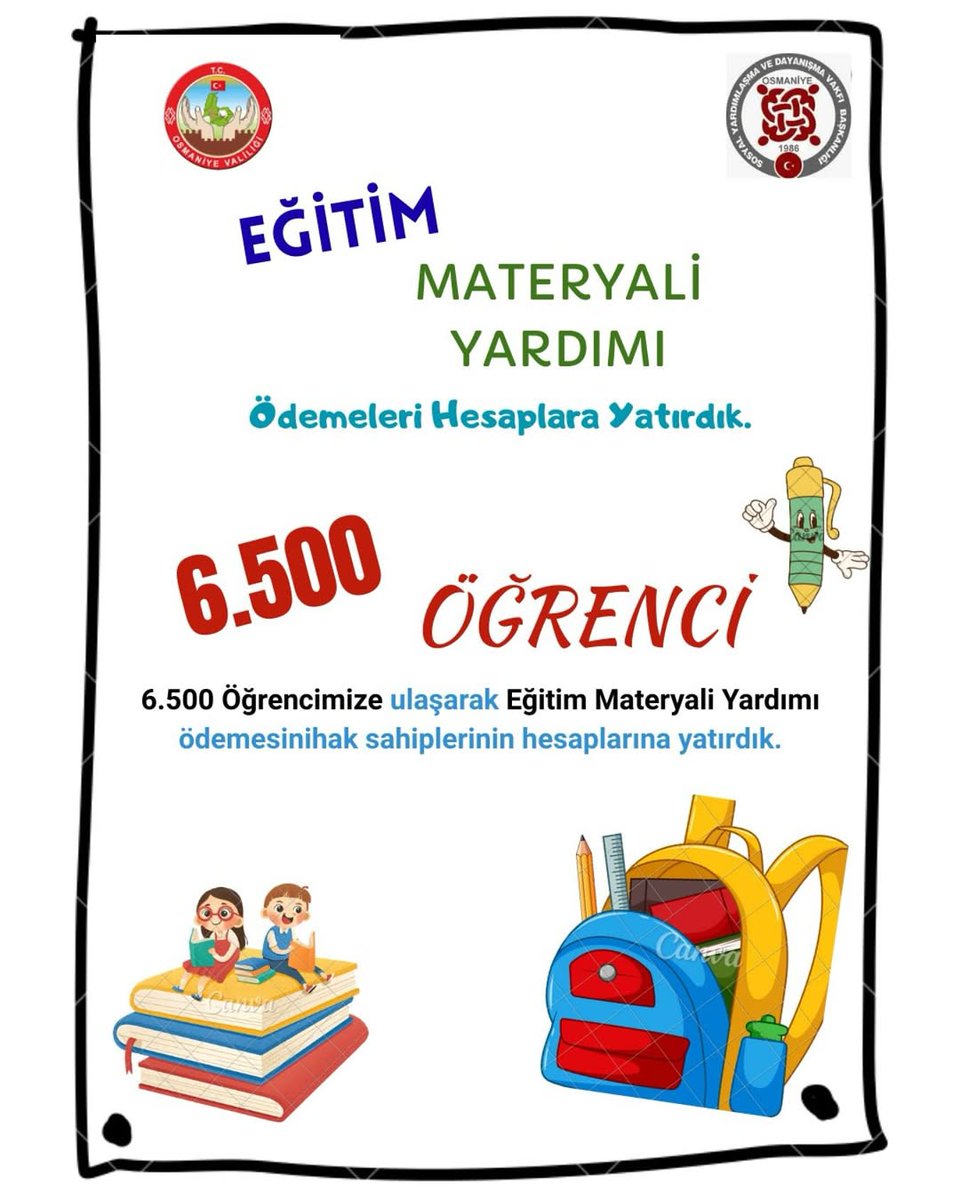 Radyo 80 🇹🇷 (@radyo80) on Twitter photo Osmaniye Valiliği Sosyal Yardımlaşma ve Dayanışma Vakfı tarafından 6 bin 500 öğrenciye Eğitim Materyali Yardımı yapıldı. 
Vakıftan yapılan açıklamada, "Geleceğimizin teminatı öğrencilerimiz ve ailelerinin her zaman yanında olmaya devam edeceğiz." denildi. Osmaniye Valiliği Sosyal Yardımlaşma ve Dayanışma Vakfı tarafından 6 bin 500 öğrenciye Eğitim Materyali Yardımı yapıldı. 
Vakıftan yapılan açıklamada, "Geleceğimizin teminatı öğrencilerimiz ve ailelerinin her zaman yanında olmaya devam edeceğiz." denildi.