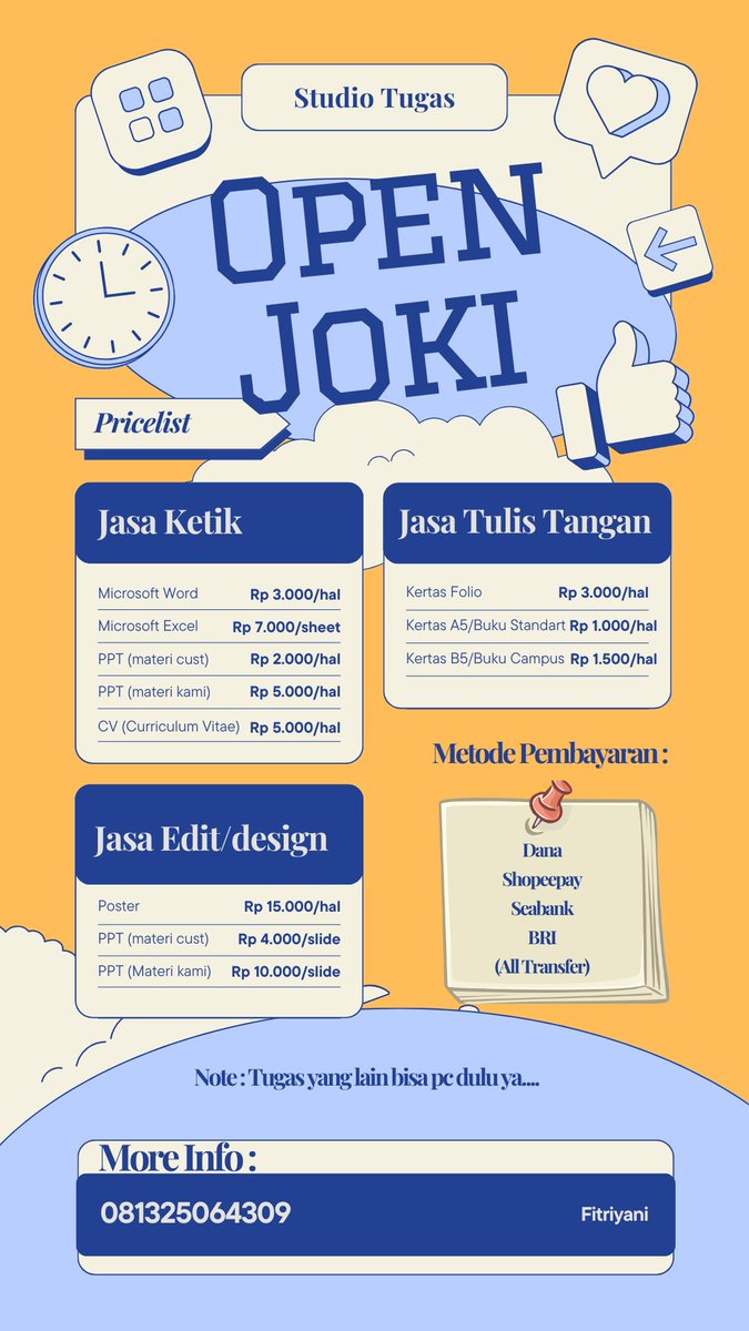 Jasa Joki Open Again 🐝
- Ketik/Tulis
- PPT
- Design Poster dll
(Materi Maks SMA/SMK/Sederajat)
More Info : wa.me/6281325064309
#zonauangᅠ #jokitugasmurah #Jogja