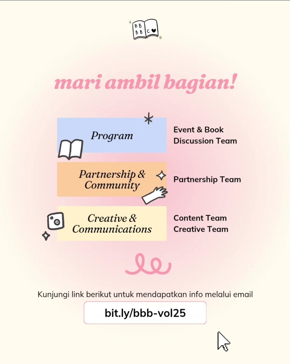 puty's tweet photo. Okeh sudah dibuka untuk publik ya oprec volunteer Buibu Baca Buku (BBB) Book Club ✨️

Info lengkap & form pendaftaran:
🔗💌 https://t.co/Xwl9g7XUFg

❓️ Top FAQs:
- Apakah harus ibu-ibu? Nggak harus ibu-ibu tapi harus perempuan 🩷
- Apakah bisa remote? Ya, ada posisi yang full remote, tapi ada juga yang diperuntukkan bagi yg berdomisili di Jabodetabek karena diharapkan terlibat untuk kegiatan offline 😃

Ditungguu ☺️✨️
