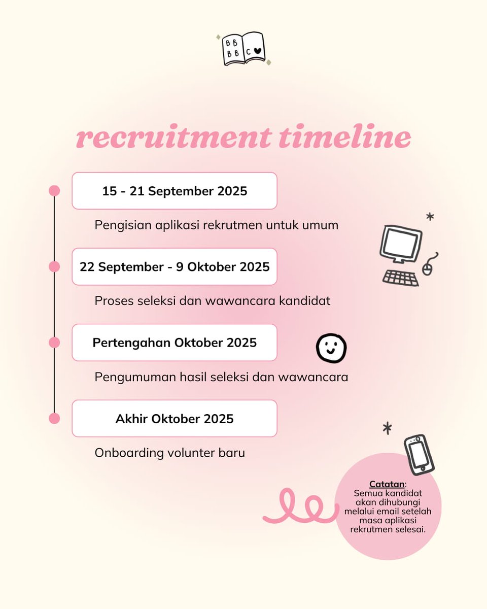puty's tweet photo. Okeh sudah dibuka untuk publik ya oprec volunteer Buibu Baca Buku (BBB) Book Club ✨️

Info lengkap & form pendaftaran:
🔗💌 https://t.co/Xwl9g7XUFg

❓️ Top FAQs:
- Apakah harus ibu-ibu? Nggak harus ibu-ibu tapi harus perempuan 🩷
- Apakah bisa remote? Ya, ada posisi yang full remote, tapi ada juga yang diperuntukkan bagi yg berdomisili di Jabodetabek karena diharapkan terlibat untuk kegiatan offline 😃

Ditungguu ☺️✨️