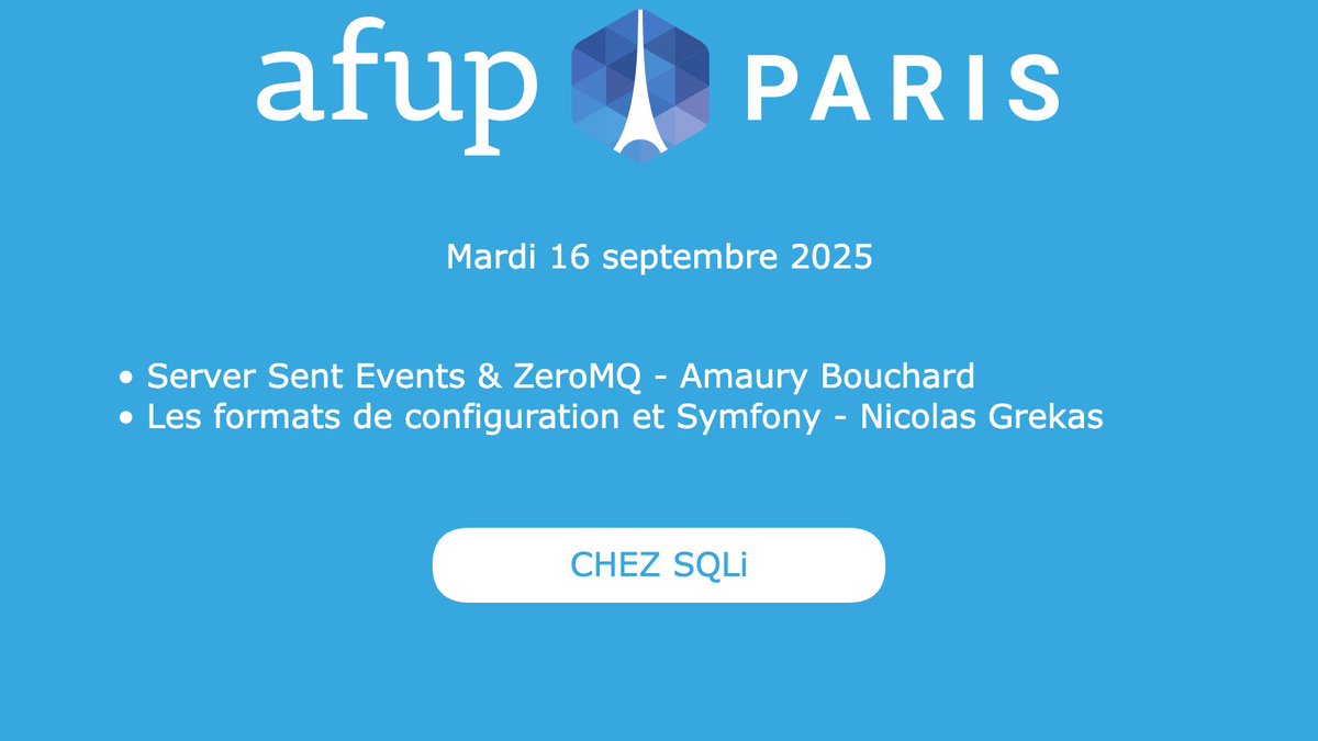 AFUP_Paris's tweet image. 🚀 Demain soir, on se retrouve pour le meetup #PHP à Paris chez @SQLI_FR !
📍 Levallois-Perret
🎤 Talks : SSE & ZeroMQ + Config & DX dans Symfony
➡️ Inscription gratuite (places dispo) :
meetup.com/afup-paris-php…