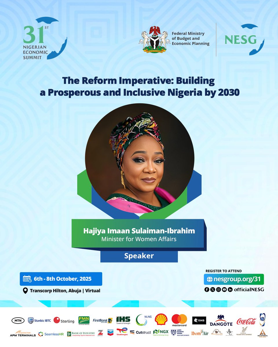 Nigerian Economic Summit Group (NESG) (@officialnesg) on Twitter photo Reforms are only complete when they empower every citizen — especially women. But how do we ensure reforms advance gender equity and unlock the full potential of women in nation-building?
At #NES31, Hajia Imaan Sulaiman-Ibrahim, (<a href="/ImmaculateIman/">Iman Sulaiman-Ibrahim</a>), Minister for Women Affairs, Reforms are only complete when they empower every citizen — especially women. But how do we ensure reforms advance gender equity and unlock the full potential of women in nation-building?
At #NES31, Hajia Imaan Sulaiman-Ibrahim, (<a href="/ImmaculateIman/">Iman Sulaiman-Ibrahim</a>), Minister for Women Affairs,