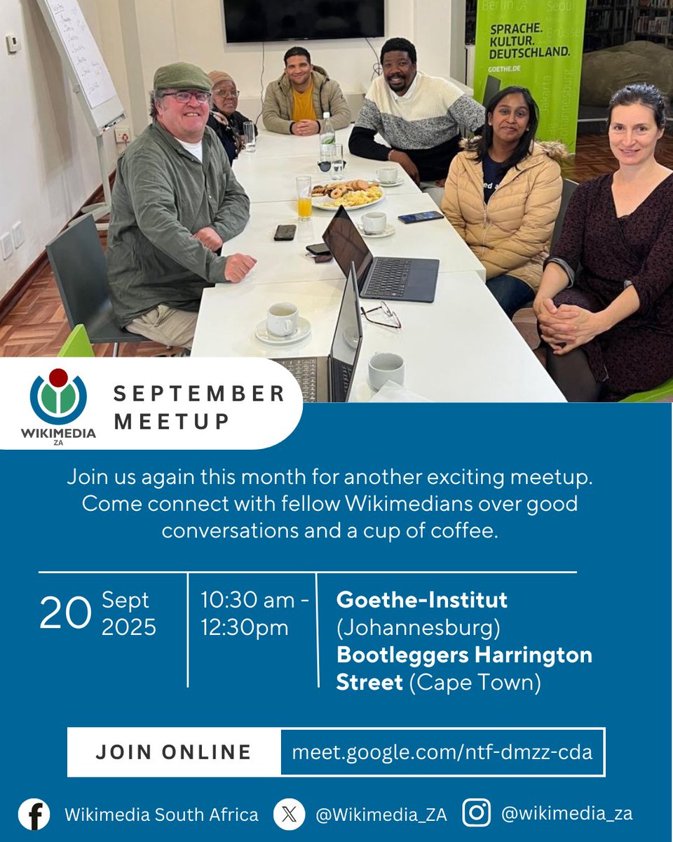 It’s that time of the month again when Wikimedians and aspiring Wikimedians from across South Africa come together to connect, share, and explore all things Wikimedia. Join us this Saturday, everyone is welcome 😊

#WikimediaZA #wikimeetups