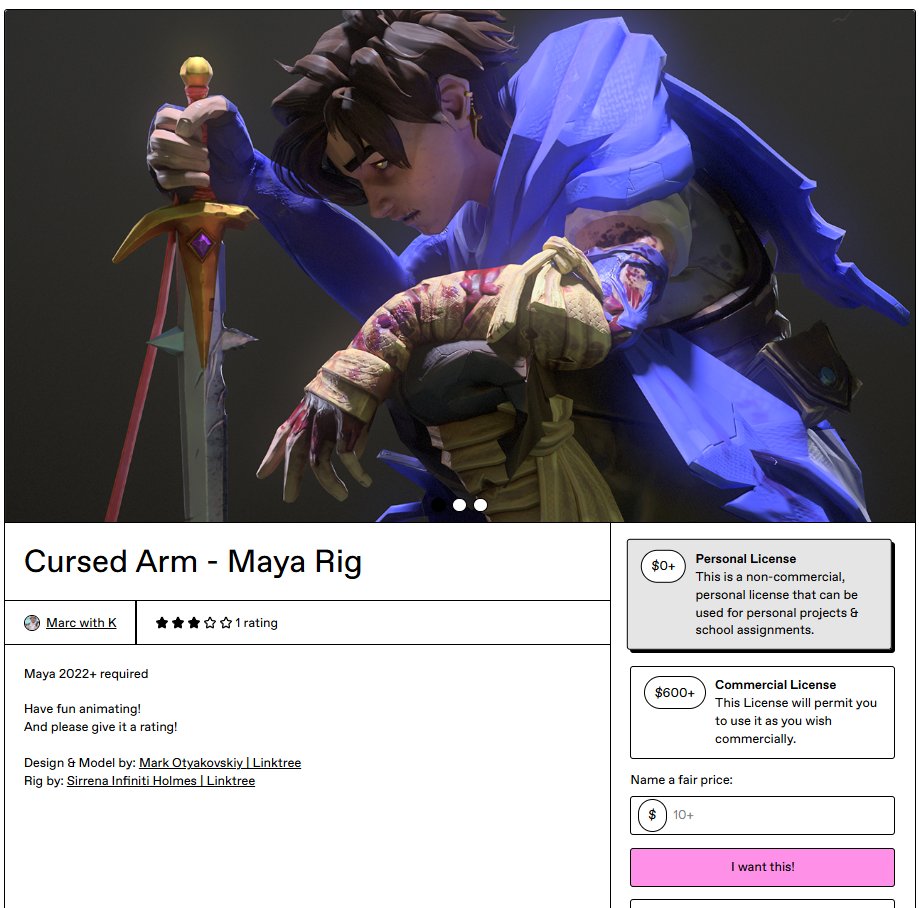Cursed Arm Maya rig is now FREE (personal use)!🗡️

A Gumroad review made me rethink my $60 price, it wasn’t fair.
My goal is to get feedback so I can grow as a 3D artist.
I’m still figuring out pricing, but for now I just want people to try it, have fun, and help me improve 🧡