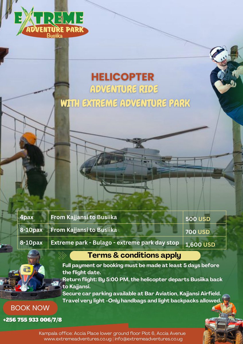 park_busika's tweet image. Ready for the ultimate adventure?  Join us for a scenic helicopter ride from Kajjansi to Busiika, plus an exciting day of activities at Extreme Adventure Park. Don’t just visit, fly in style.
#FlyExtreme #ExtremeAdventurePark #HelicopterAdventure