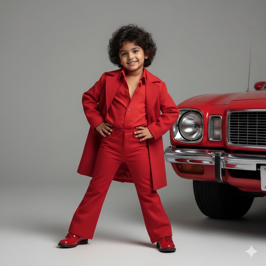 esalacupnamdhu's tweet photo. Prompt for kids :

4K, ultra-realistic studio portrait of a young child styled like the 1980s, wearing bright red bell-bottom pants, a matching red shirt, and a red coat and red shoes. The first button of the shirt is open for a stylish retro look. The child stands in a stylish confident pose with both hands placed on the hips. A vintage Fiat-style car is placed beside the child. The floor and background are plain grey, giving a clean minimal studio look. Cinematic soft lighting, highly detailed, photorealistic, natural skin texture. The child’s face must remain exactly the same as in the provided reference photo, with no alterations