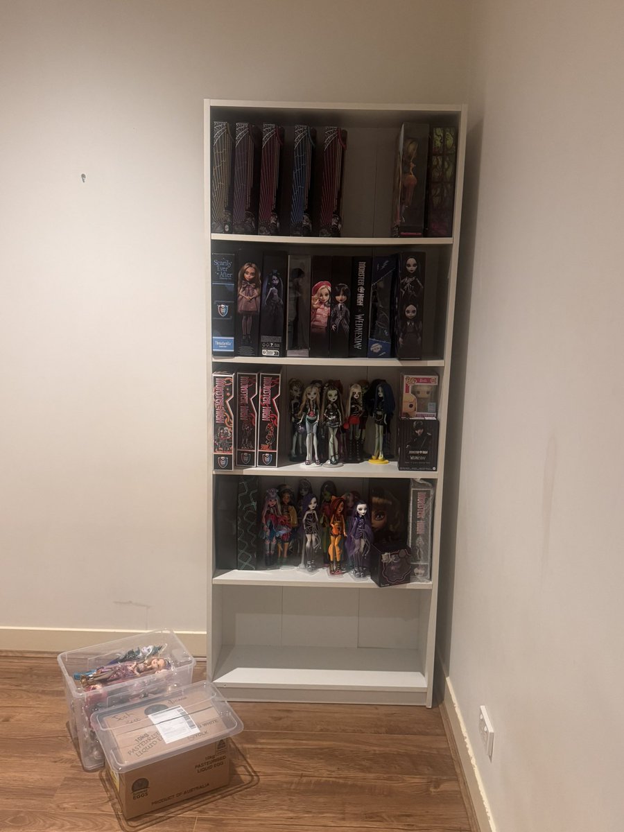 finally setting up my collection omg, i bought 2 more of the billy shelves so they’re all the same shelf 😇😇