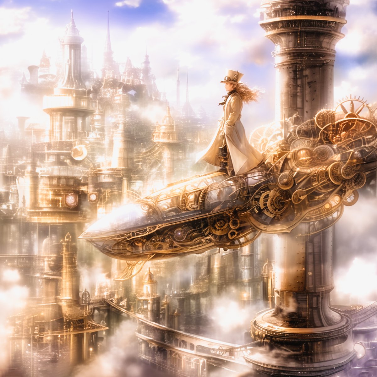 hiro_aiart's tweet photo. Symphony of Gears
#AIスチームパンク2025

■Prompt
A grand steampunk fantasy city floating above the clouds, filled with towering brass structures, gears, and steam pipes glowing in golden light. A lone adventurer in a long coat and top hat stands proudly on a mechanical airship adorned with intricate gears and brass details. The wind blows through their hair as they gaze at the sprawling city. The atmosphere is majestic, adventurous, and ethereal, with dramatic lighting and intricate mechanical designs.

[日本語訳]
雲の上に浮かぶ壮大なスチームパンク・ファンタジー都市。そびえ立つ真鍮の建造物、歯車、そして金色に輝く蒸気管が街を埋め尽くしています。ロングコートとシルクハットを羽織った一人の冒険家が、精巧な歯車と真鍮のディテールで飾られた機械仕掛けの飛行船に誇らしげに立っています。風が彼らの髪をなびかせ、彼らは広大な都市を見つめています。ドラマチックな照明と精巧な機械設計が織りなす、荘厳で冒険心に満ち、幻想的な雰囲気が漂います。