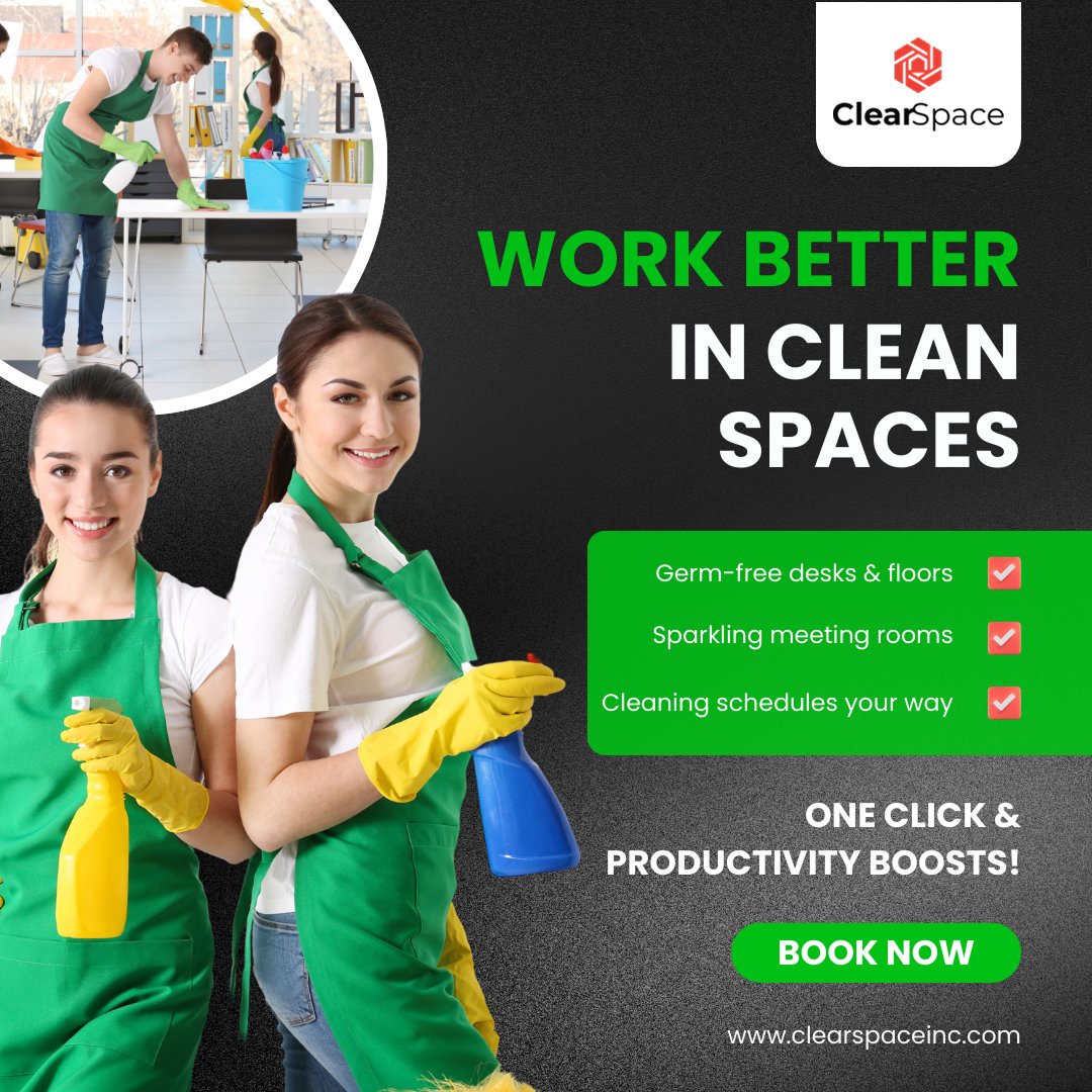 clearspaceinc's tweet image. 🧹 Work Better in Clean Spaces. ✨

✔ Germ-free desks &amp;amp; floors
✔ Sparkling meeting rooms

👉 Because a cleaner space means smarter work. 🧹🚀

For more information!
Visit us: clearspaceinc.com

#ClearSpace #CleanWorkspaces #ProductivityBoost #OfficeCleaning