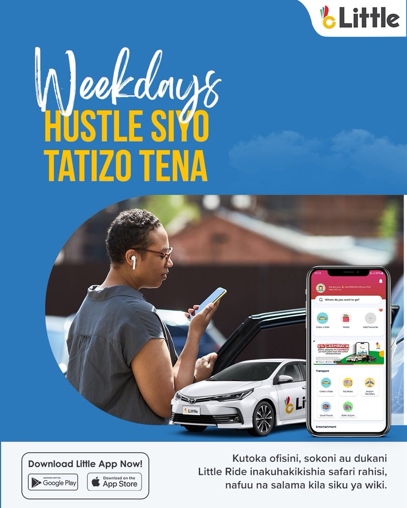 LittleAppTz's tweet photo. Weekdays zako hazina tena stress!
Kutoka ofisini, sokoni au dukani, Little Ride inakuhakikishia safari rahisi, nafuu na salama kila siku ya wiki.
Pakua Little App sasa na ufurahie urahisi wa safari zako kila siku.
#WeekdaysHustle #LittleRide #SafariRahisi https://t.co/A5CajS3gtQ