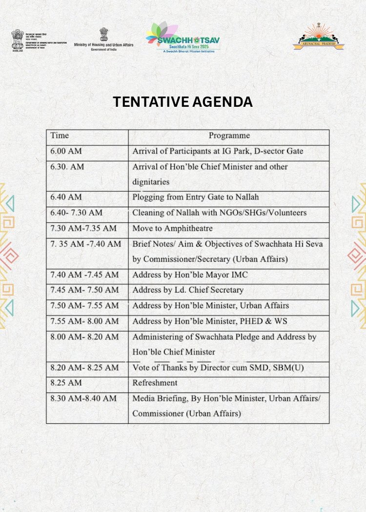 YMCR in collaboration with the Dept of ULB organising a river cleanup at IG Park on Sept 17th, as part of curtain raiser for #SwachhataHiSeva2025 

HCM and Hon'ble Ministers are slated to join the cleaning. 

We invite all to join us by 6:30 AM at IG Park, Itanagar.