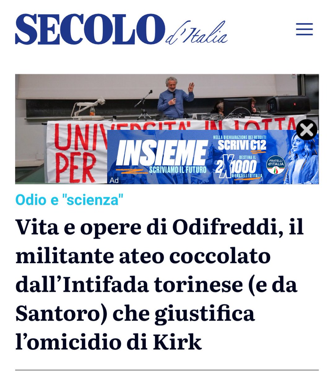 DikeThemis76's tweet image. Lontanissimo da me difendere giornalisti di #La7PD ma a me questo sembra un poveraccio, che avrà detto cose gravi ma è in evidente stato di alterazione.
Sa cosa trovo grave invece? Che #Odifreddi se ne vada in televisione a giustificare l’omicidio di #CharlieKirk e tutti zitti.